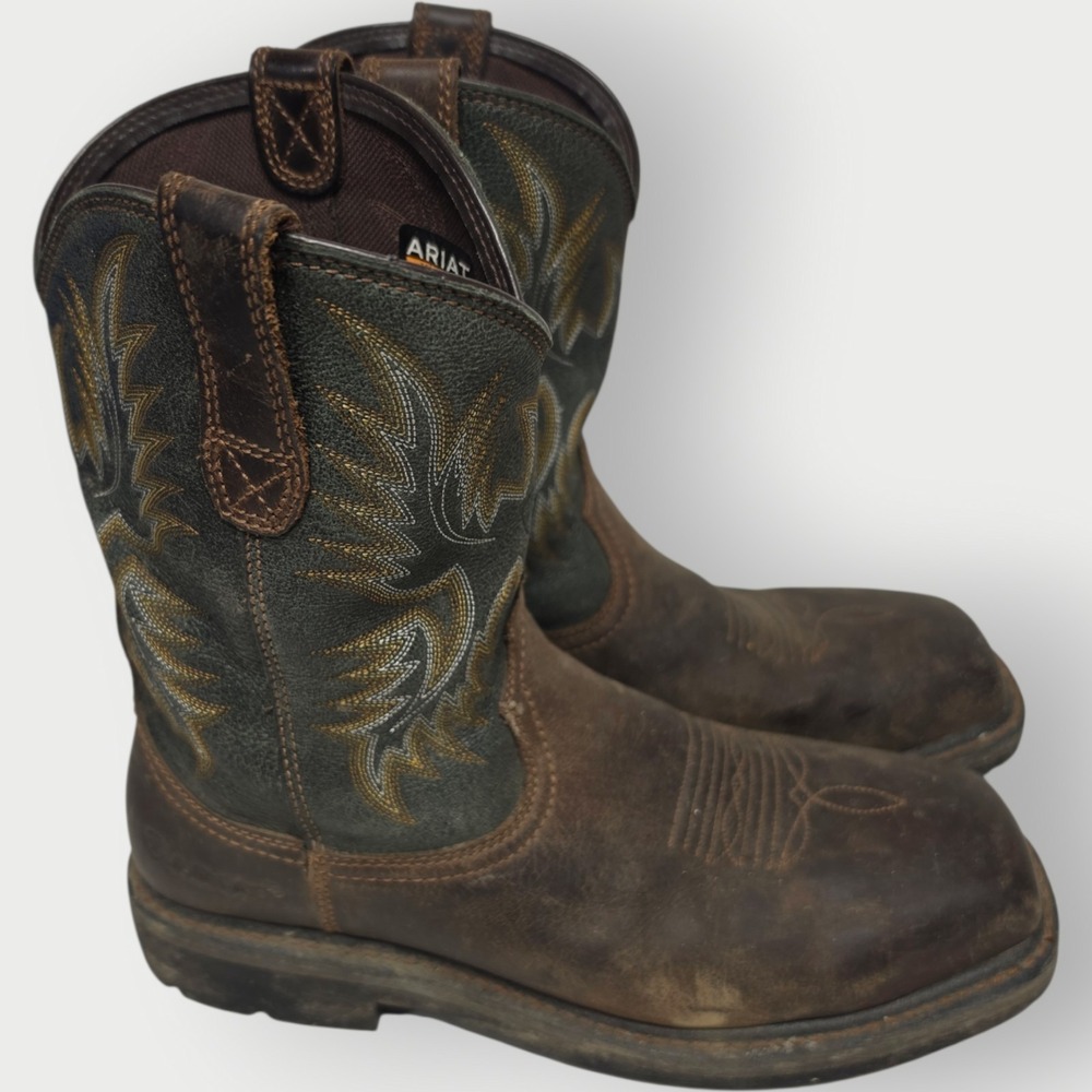 Ariat Mens Western Boots 9D Brown Green Leather Embroidered STEEL Toe Cowboy